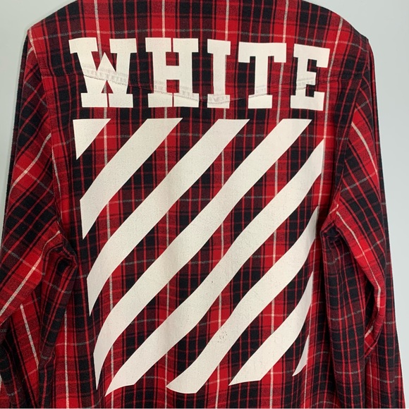 Off-White Red Black Plaid Check Flannel Buttoned Down Extra Long Shirt Size S - Picture 7 of 15